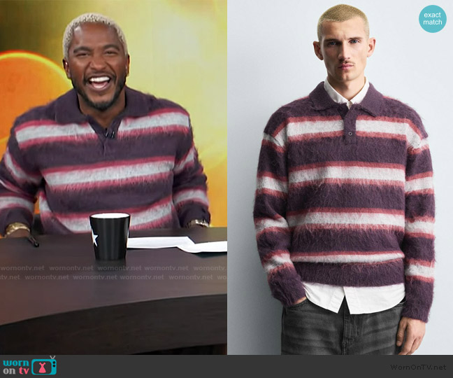 Zara Brushed Striped Knit Polo Shirt worn by Scott Evans on Access Hollywood