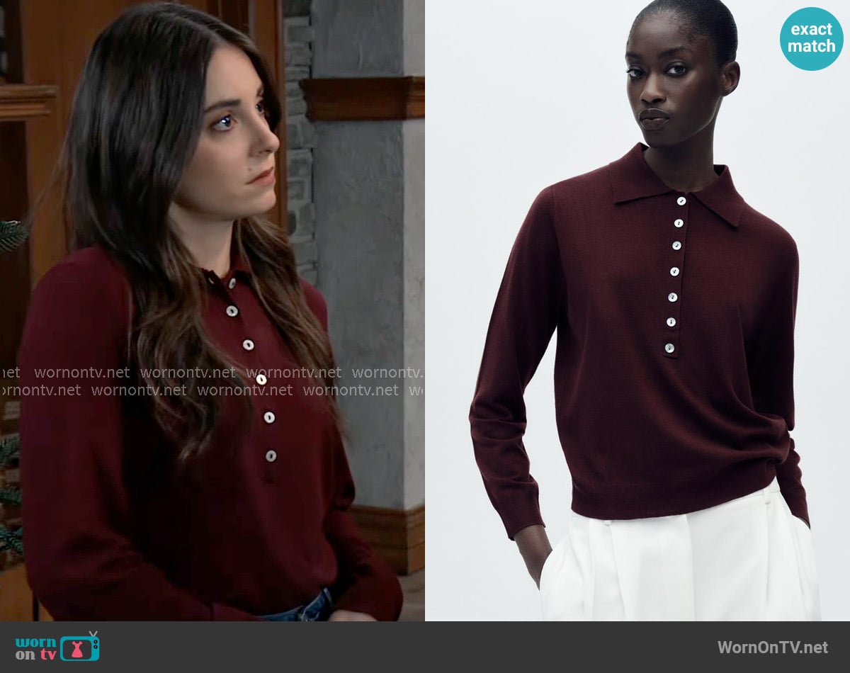 Zara Plain Knit Polo Shirt in Maroon worn by Molly Lansing-Davis (Kristen Vaganos) on General Hospital
