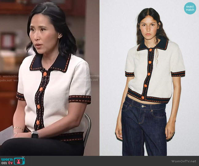 Zara Short Sleeve Stitched Knit Cardigan in Ecru worn by Vicky Nguyen on NBC News Daily