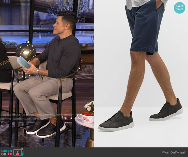 Zegna Triple Stitch Secondskin Leather Slip-On Sneakers in Black worn by Mark Consuelos on Live with Kelly and Mark