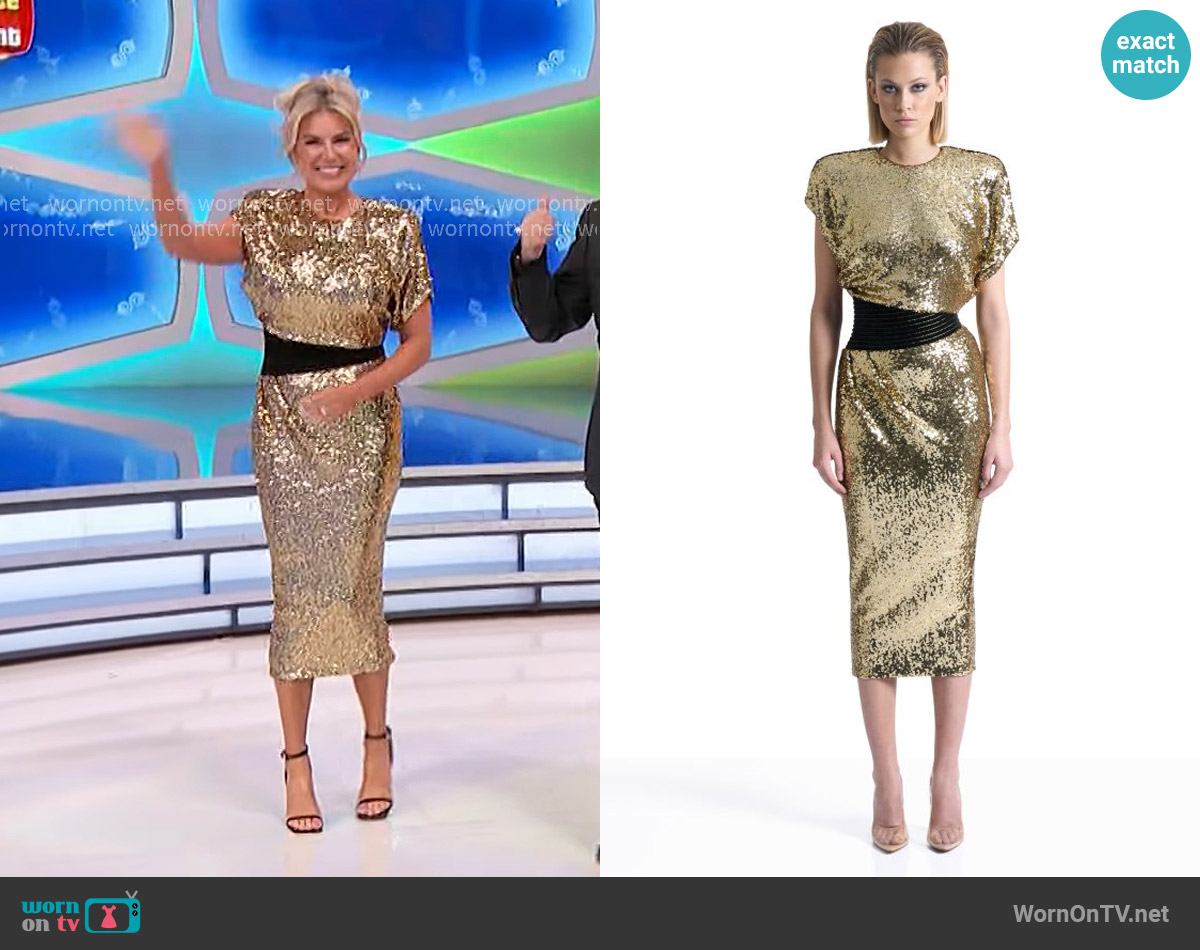 Zhivago Bond Sequin Dress in Gold worn by Rachel Reynolds on The Price is Right