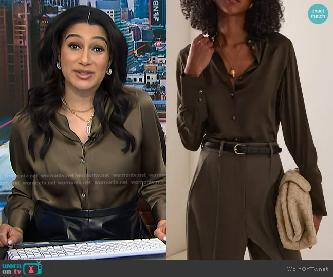 Zimmermann Hypnotic Silk-Satin Shirt in Olive worn by Morgan Radford on NBC News Daily