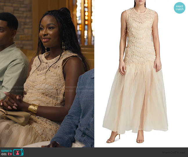 Zimmermann Illuminate Macramé Maxi Dress worn by Hilary Banks (Coco Jones) on Bel-Air