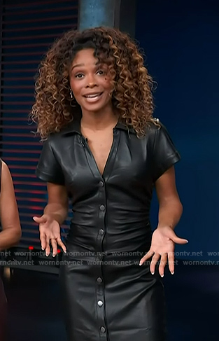 Zuri’s black short sleeve leather shirtdress on Access Hollywood