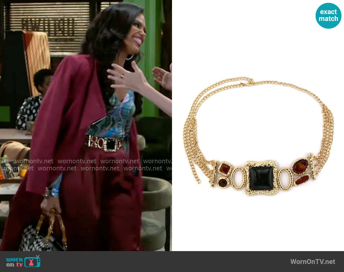 12th Tribe Soleil Statement Stone Gold Chain Belt worn by Dani Dupree (Karla Mosley) on Beyond the Gates