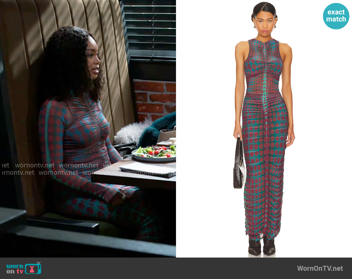 AFRM Peyton Maxi Dress in Cyber Optic Dot worn by Chelsea Hamilton (RhonniRose Mantilla) on Beyond the Gates