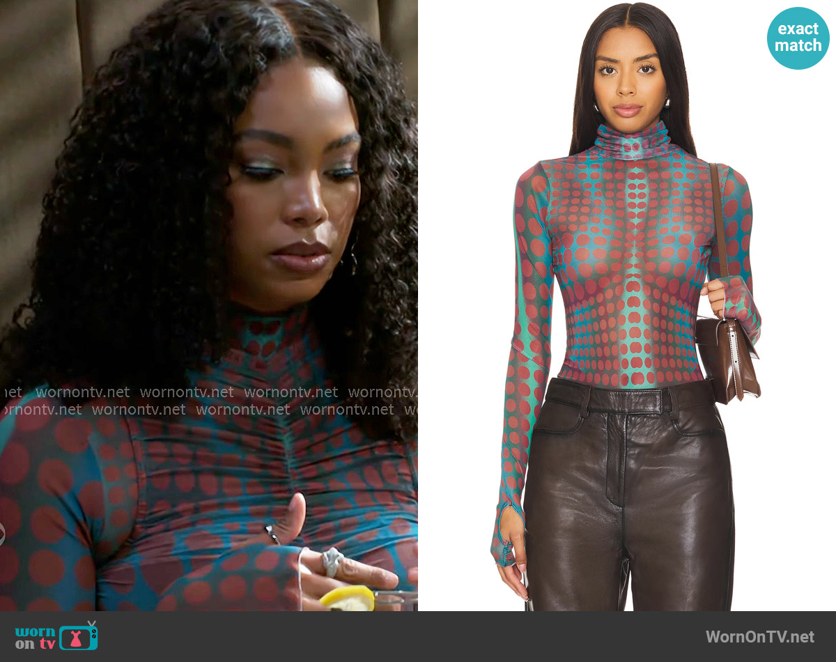 AFRM Zadie Top in Cyber Optic Dot worn by Chelsea Hamilton (RhonniRose Mantilla) on Beyond the Gates