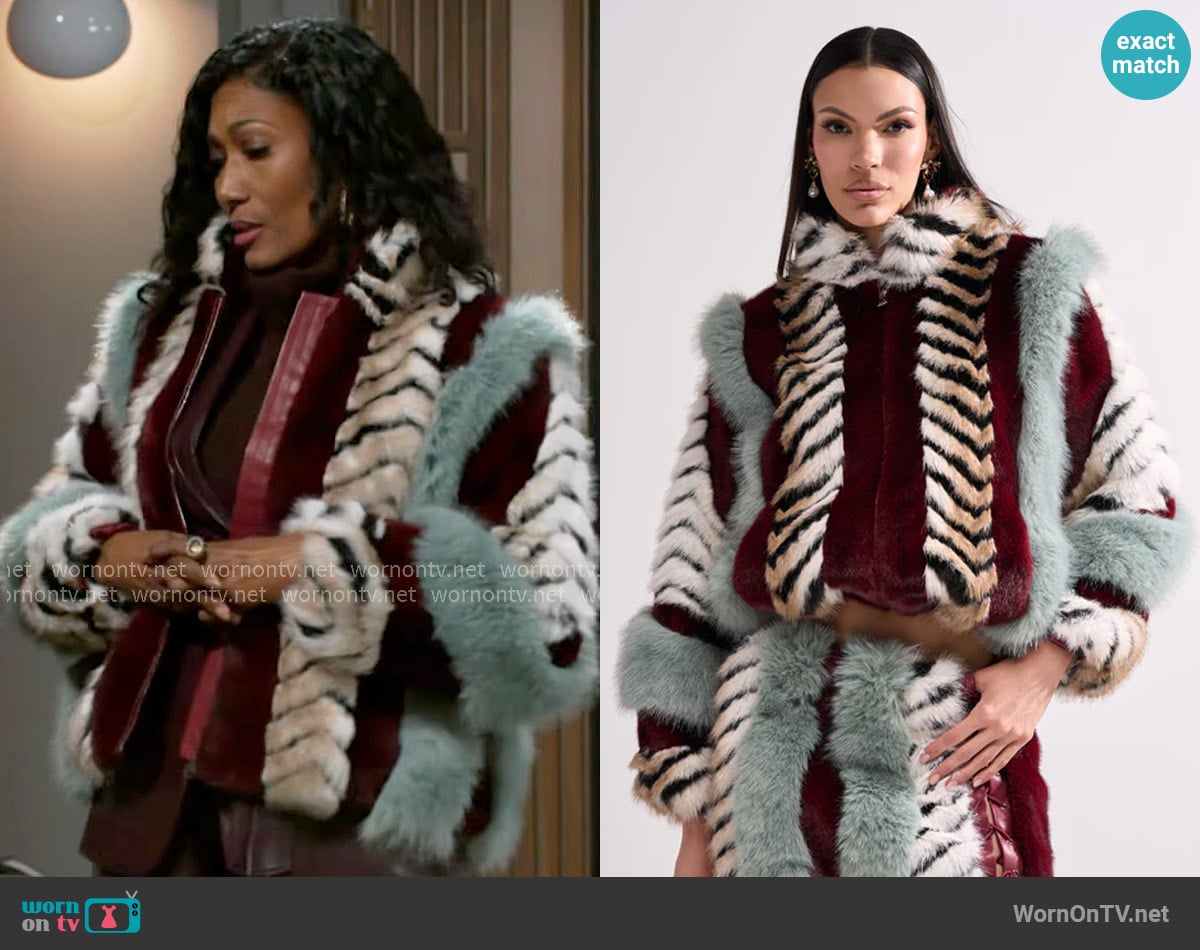 Akira Have It All Paneled Fur Coat worn by Dana 'Leslie' Thomas (Trisha Mann-Grant) on Beyond the Gates
