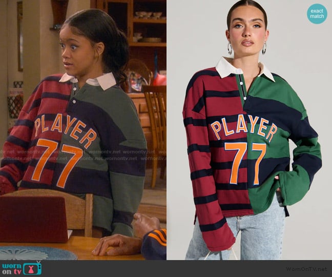 Akira Off The Field Long Sleeve Striped Rugby Tee worn by Aaliyah Upshaw (Khali Spraggins) on The Upshaws