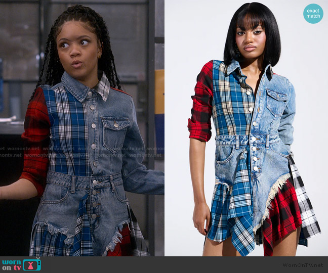 Akira Patchwork Plaid Denim Mini Dress worn by Aaliyah Upshaw (Khali Spraggins) on The Upshaws
