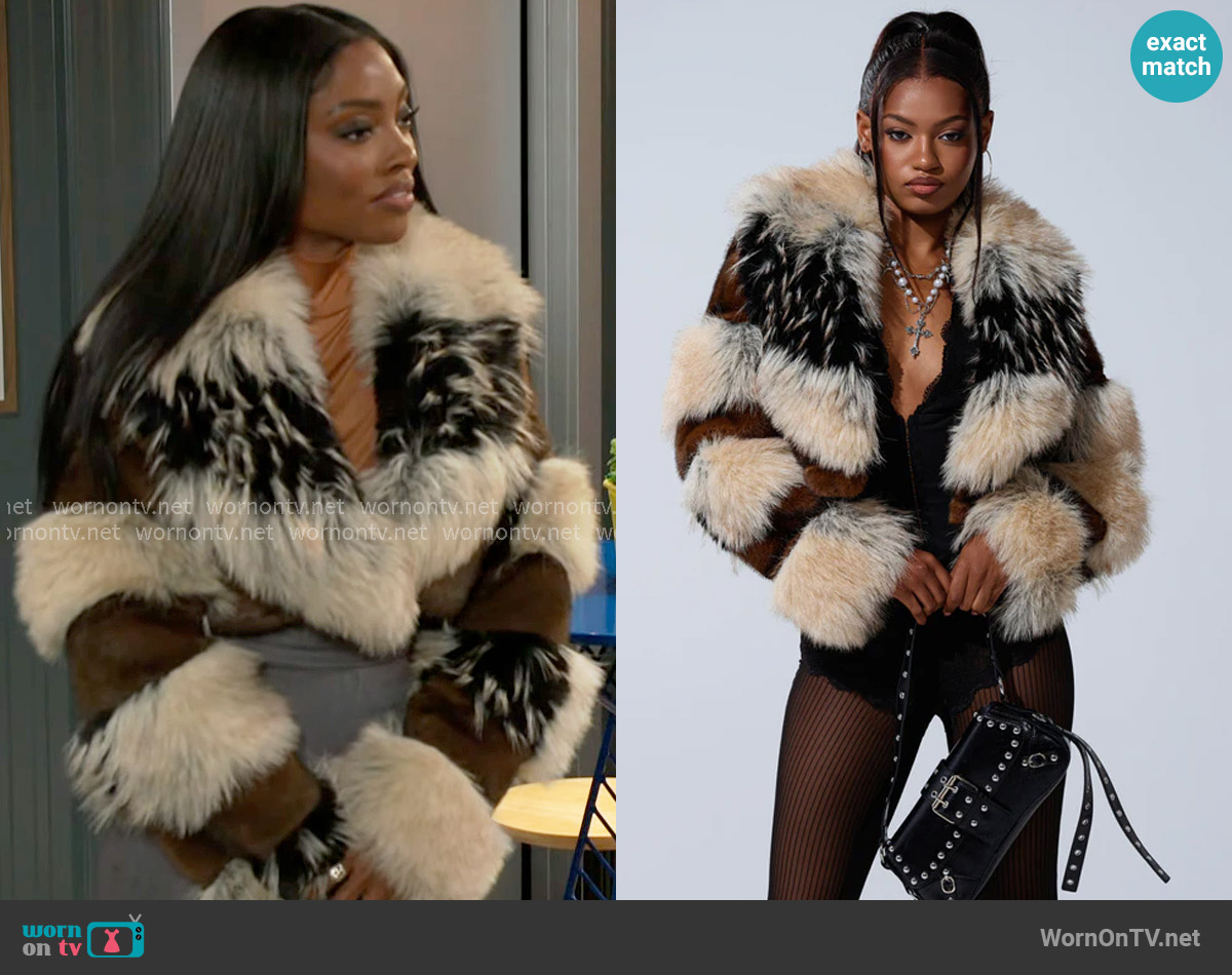 Akira Portia Cropped Faux Fur Jacket worn by Lynette Wise (Dominique Madison) on Beyond the Gates