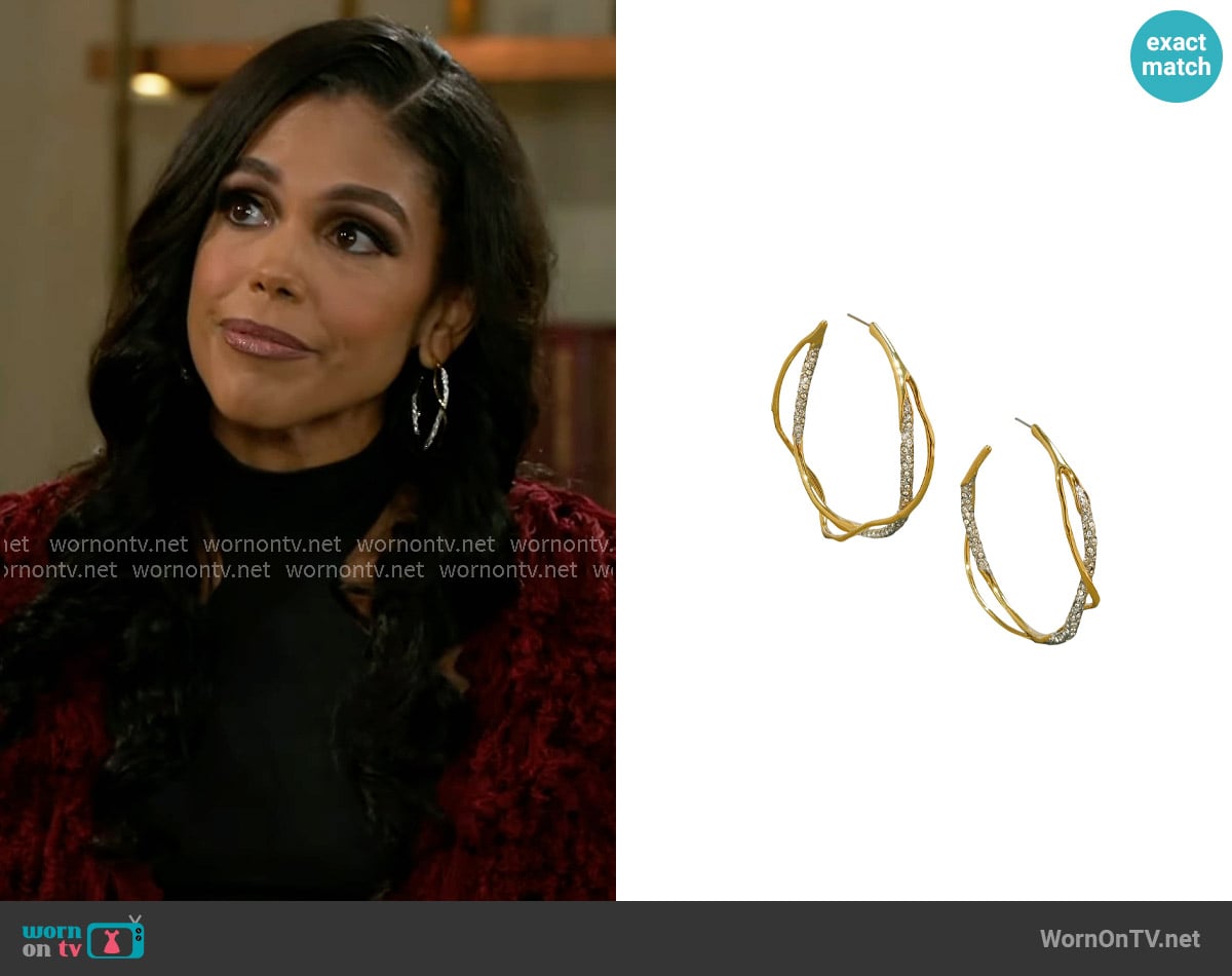 Alexis Bittar Intertwined Two Tone Pave Hoop Earrings worn by Dani Dupree (Karla Mosley) on Beyond the Gates
