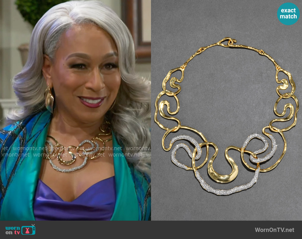Alexis Bittar Solanales Gold Crystal Intertwined Necklace worn by Anita Dupree (Tamara Tunie) on Beyond the Gates