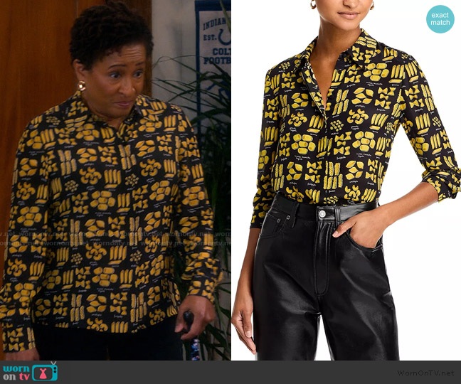 Alice and Olivia Willa Silk Pasta Top worn by Lucretia Turner (Wanda Sykes) on The Upshaws