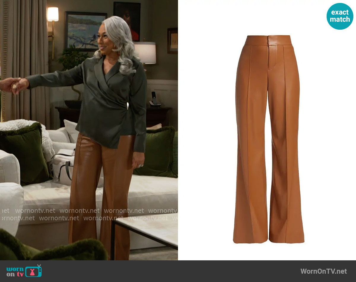 Alice + Olivia Dylan Faux Leather Pants in Camel worn by Anita Dupree (Tamara Tunie) on Beyond the Gates