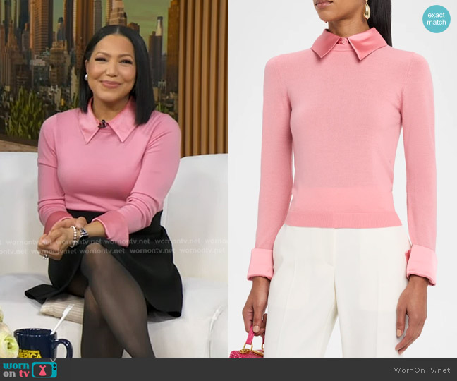 Alice + Olivia Porla Collared Sweater in Rose Tea worn by Stephanie Ramos on Good Morning America