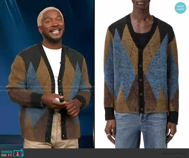 All Saints Bernie Oversized Argyle Cardigan worn by Scott Evans on Access Hollywood