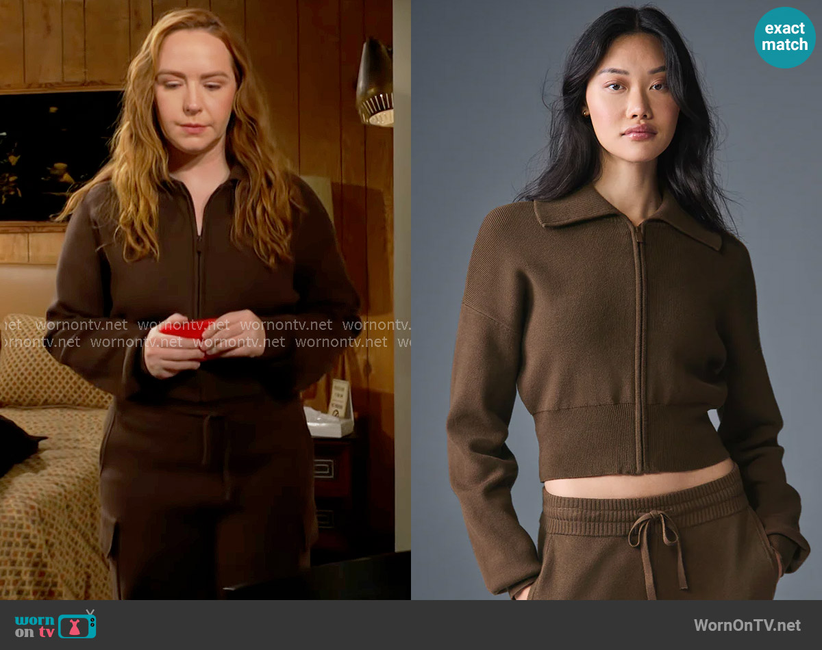 Alo Scholar Knit Cropped Full Zip Jacket in Espresso worn by Mariah Copeland (Camryn Grimes) on The Young and the Restless
