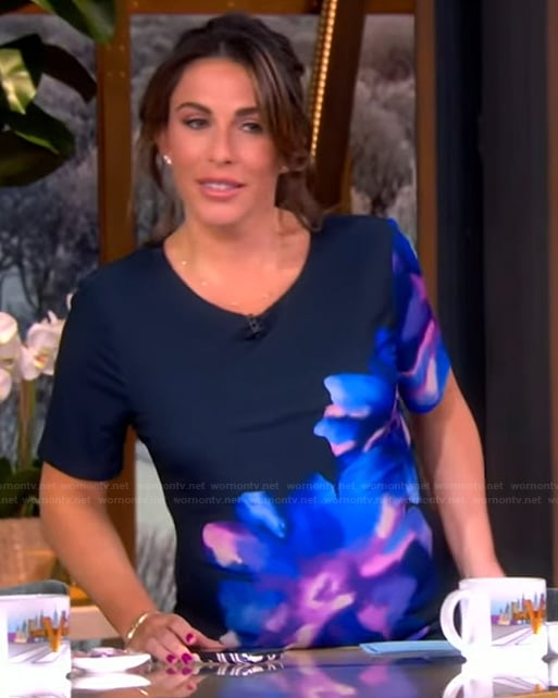 Alyssa’s blue floral print sheath dress on The View