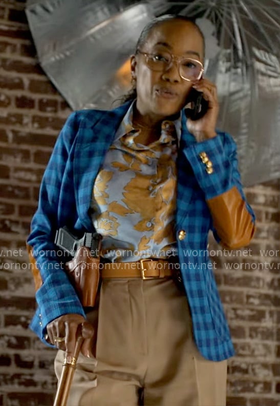 Amanda’s blue plaid blazer and printed shirt on Will Trent