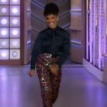 Amber Ruffin’s metallic floral pants on The Kelly Clarkson Show