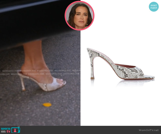 Amina Muaddi Alexa Python-Effect Leather Sandals worn by Kyle Richards on The Real Housewives of Beverly Hills