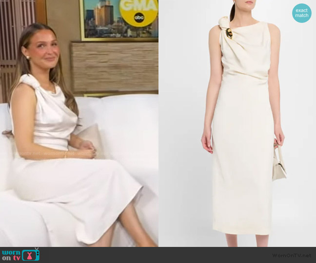 Amir Taghi x Escha Soni Removable Brooch Knotted Sleeveless Midi Dress worn by Camilla Luddington on Good Morning America