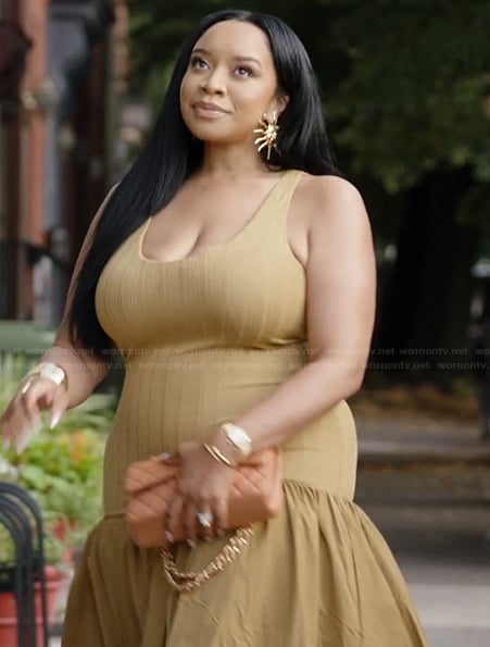 Angel’s khaki ribbed mixed media dress on The Real Housewives of Potomac
