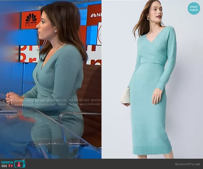 Ann Taylor Wrap Effect Sweater Sheath Dress in Lakeside View worn by Chloe Melas on NBC News Daily