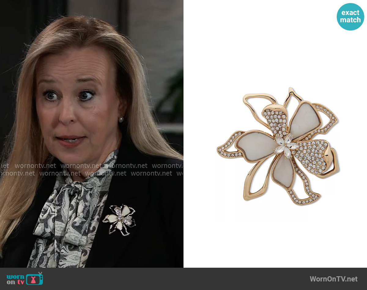 Anne Klein Crystal & Mother-of-Pearl Flower Pin worn by Laura Collins (Genie Francis) on General Hospital