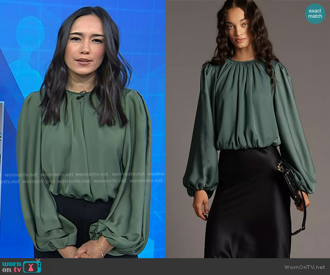 Anthropologie Cropped Puff-Sleeve Bubble-Hem Blouse in Dried Rosemary worn by Emilie Ikeda on Today