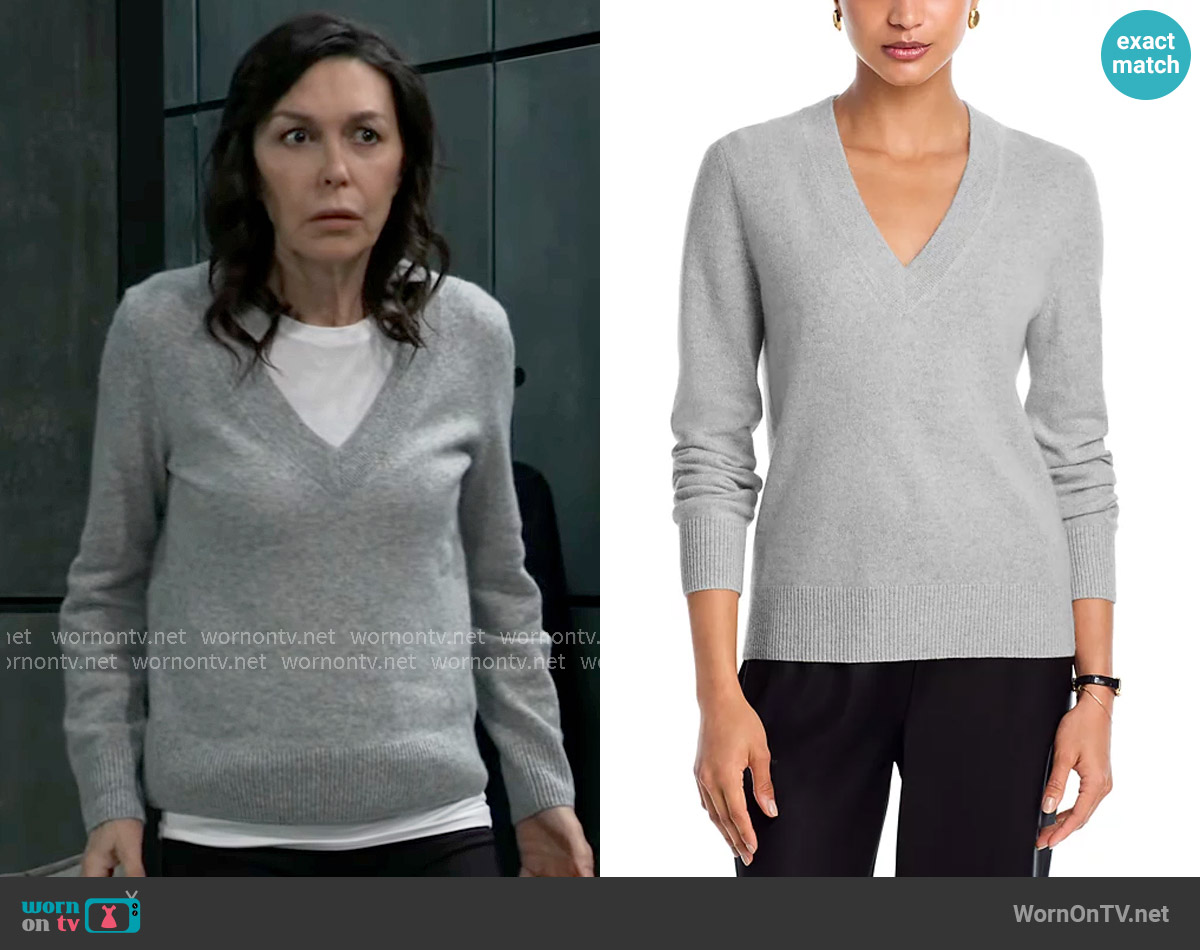 Aqua 100% Cashmere V Neck Sweater in Light Gray worn by Anna Devane (Finola Hughes) on General Hospital
