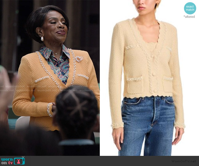 Aqua Faux Pearl Embellished Cardigan worn by Barbara Howard (Sheryl Lee Ralph) on Abbott Elementary