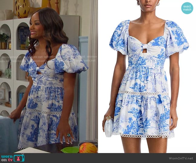 Aqua Toile Puff Sleeve Dress worn by Chanel Dupree (Raven Bowens) on Days of our Lives