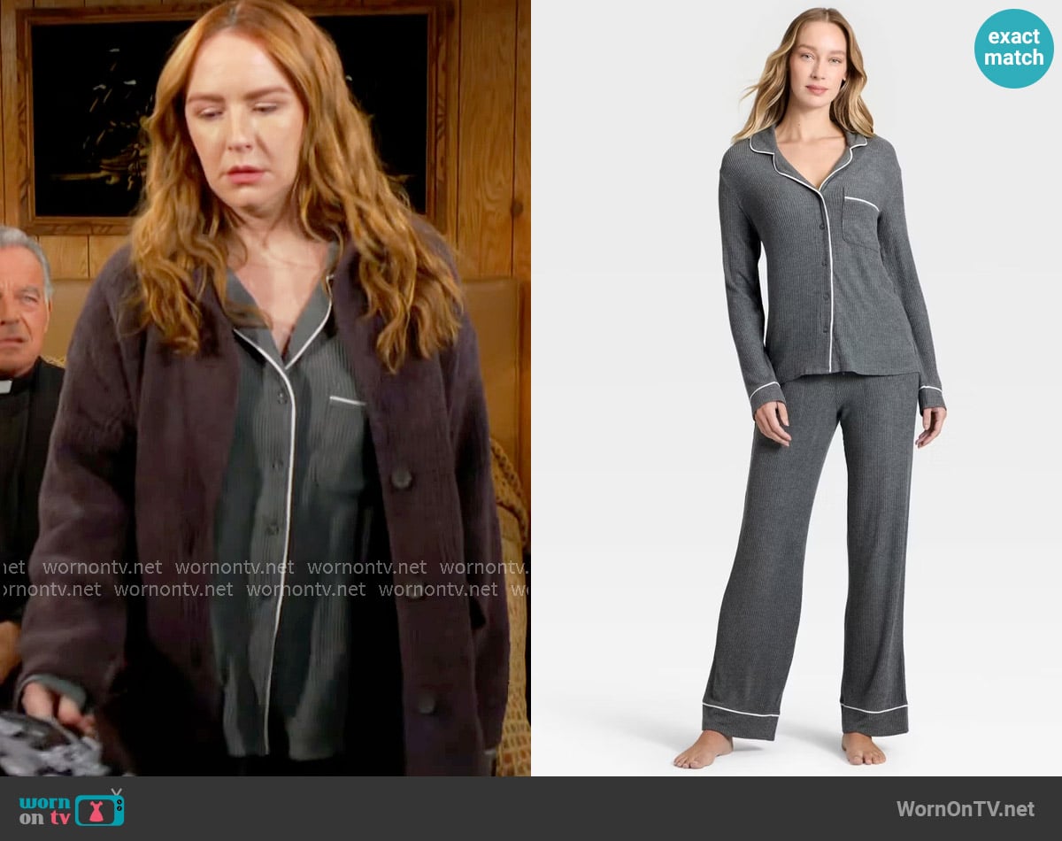 Auden Cozy Ribbed Notch Collar Long Sleeve Shirt and Pants Pajama Set in Dark Gray worn by Mariah Copeland (Camryn Grimes) on The Young and the Restless