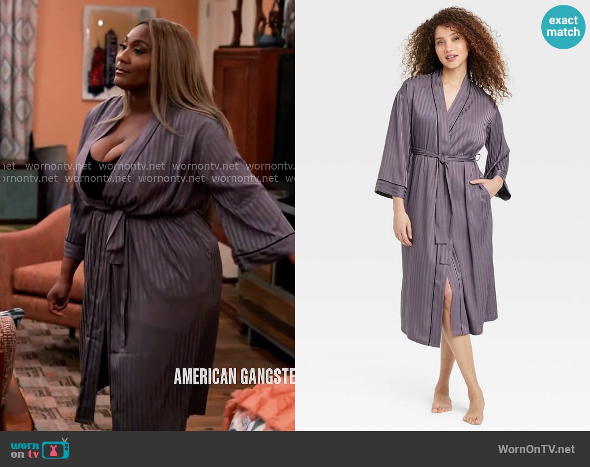 Auden Shadow Striped Long Satin Robe in Deep Purple worn by Daniella King (Mignon) on Tyler Perrys Sistas