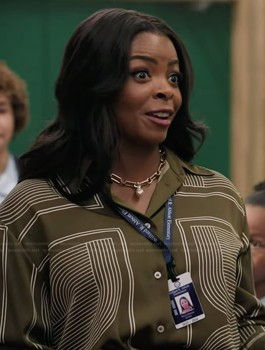 Ava’s green geometric print top on Abbott Elementary