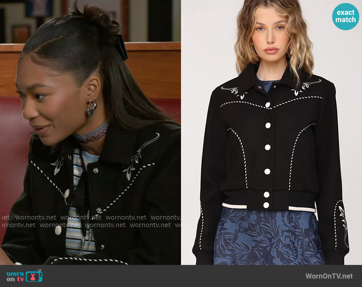 Avec Les Filles Western Bomber Piping and Embroidery Jacket worn by Jessica Harris (Camryn Jade) on Beyond the Gates