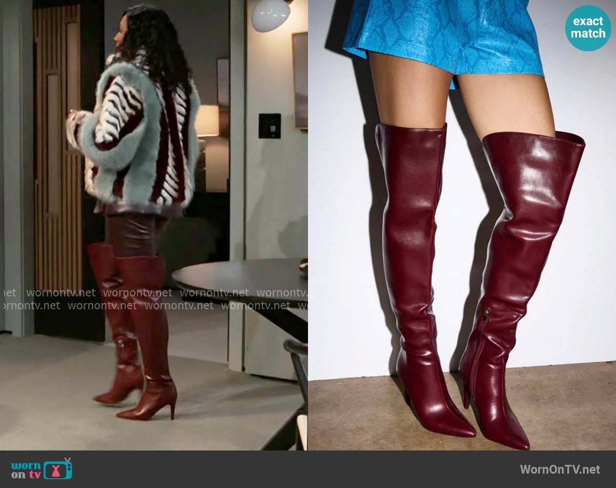 Azalea Wang Beaucoup Burgundy Over The Knee Boot worn by Dana 'Leslie' Thomas (Trisha Mann-Grant) on Beyond the Gates