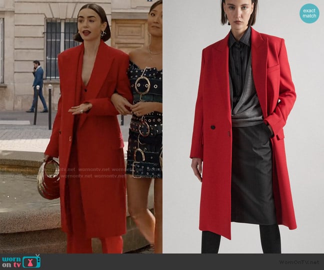 Barbara Bui Red double gabardine overcoat worn by Emily Cooper (Lily Collins) on Emily in Paris