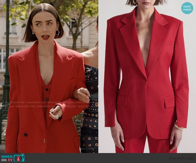 Barbara Bui Red stretch wool gabardine suit jacket worn by Emily Cooper (Lily Collins) on Emily in Paris