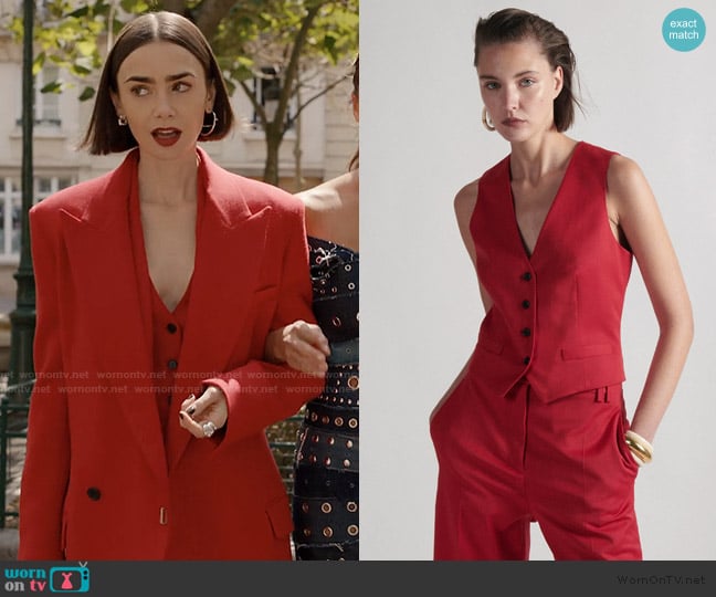 Barbara Bui Red stretch wool gabardine suit vest worn by Emily Cooper (Lily Collins) on Emily in Paris