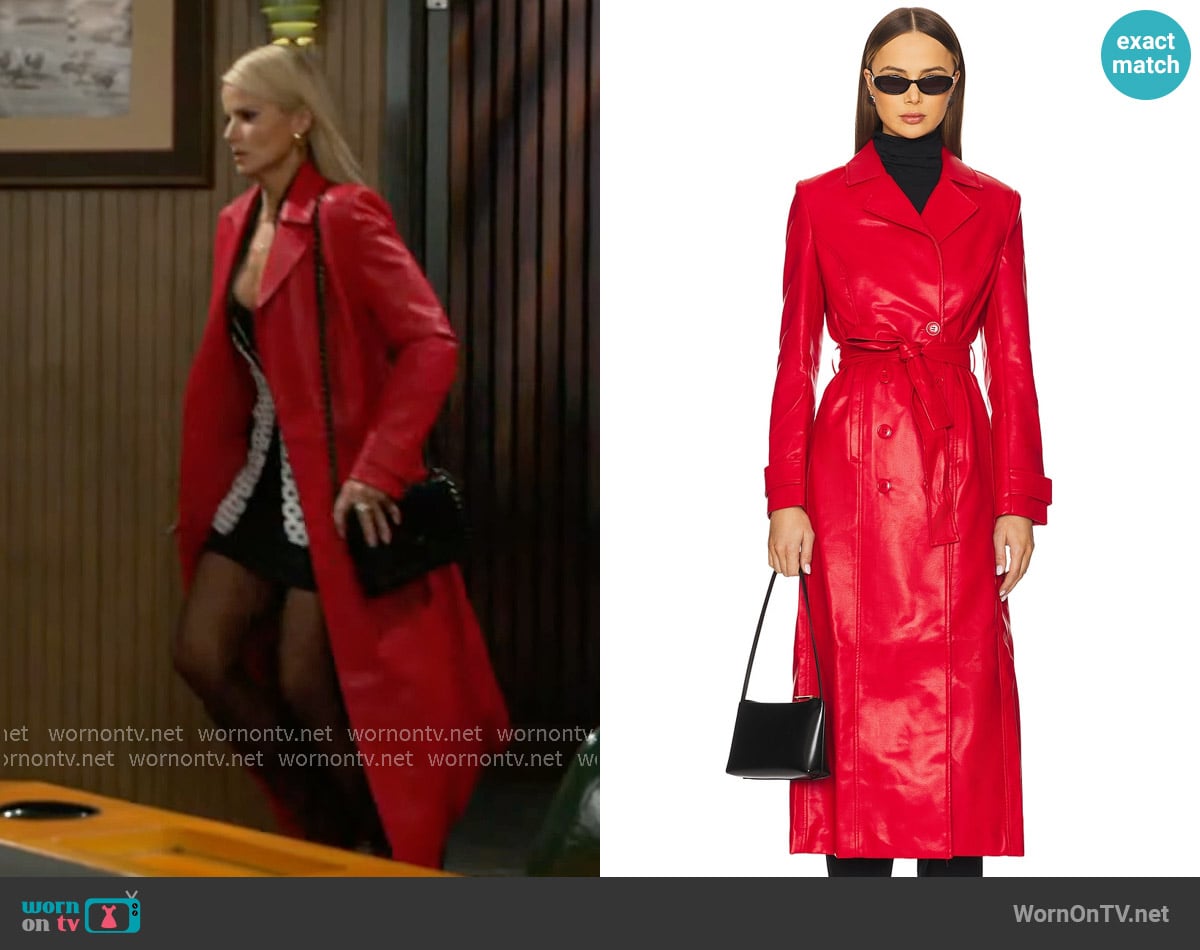 Bardot Faux Leather Longline Coat in Famous Red worn by Vanessa McBride (Lauren Buglioli) on Beyond the Gates