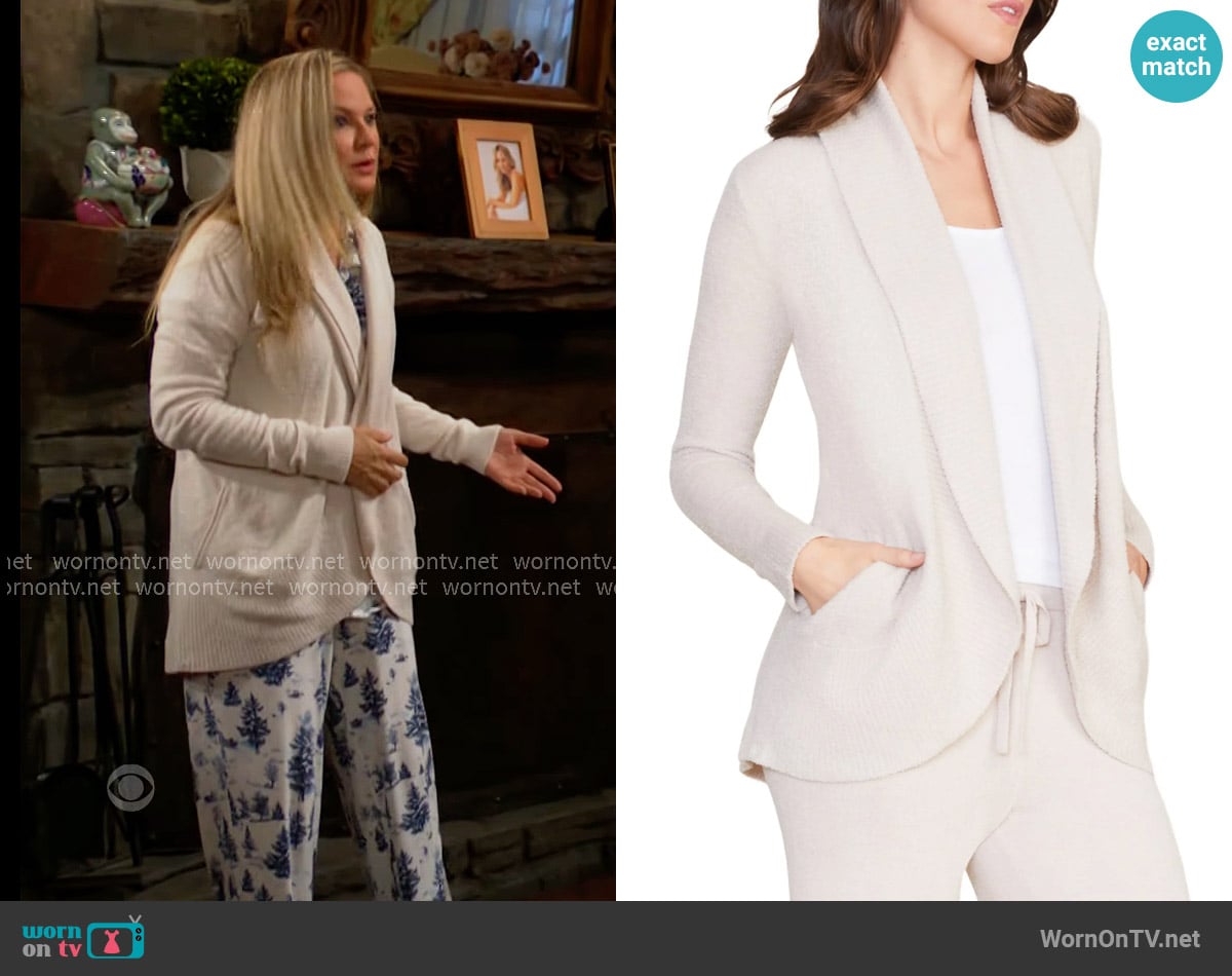 Barefoot Dreams CozyChic® Lite® Circle Cardigan in Stone worn by Sharon Newman (Sharon Case) on The Young and the Restless