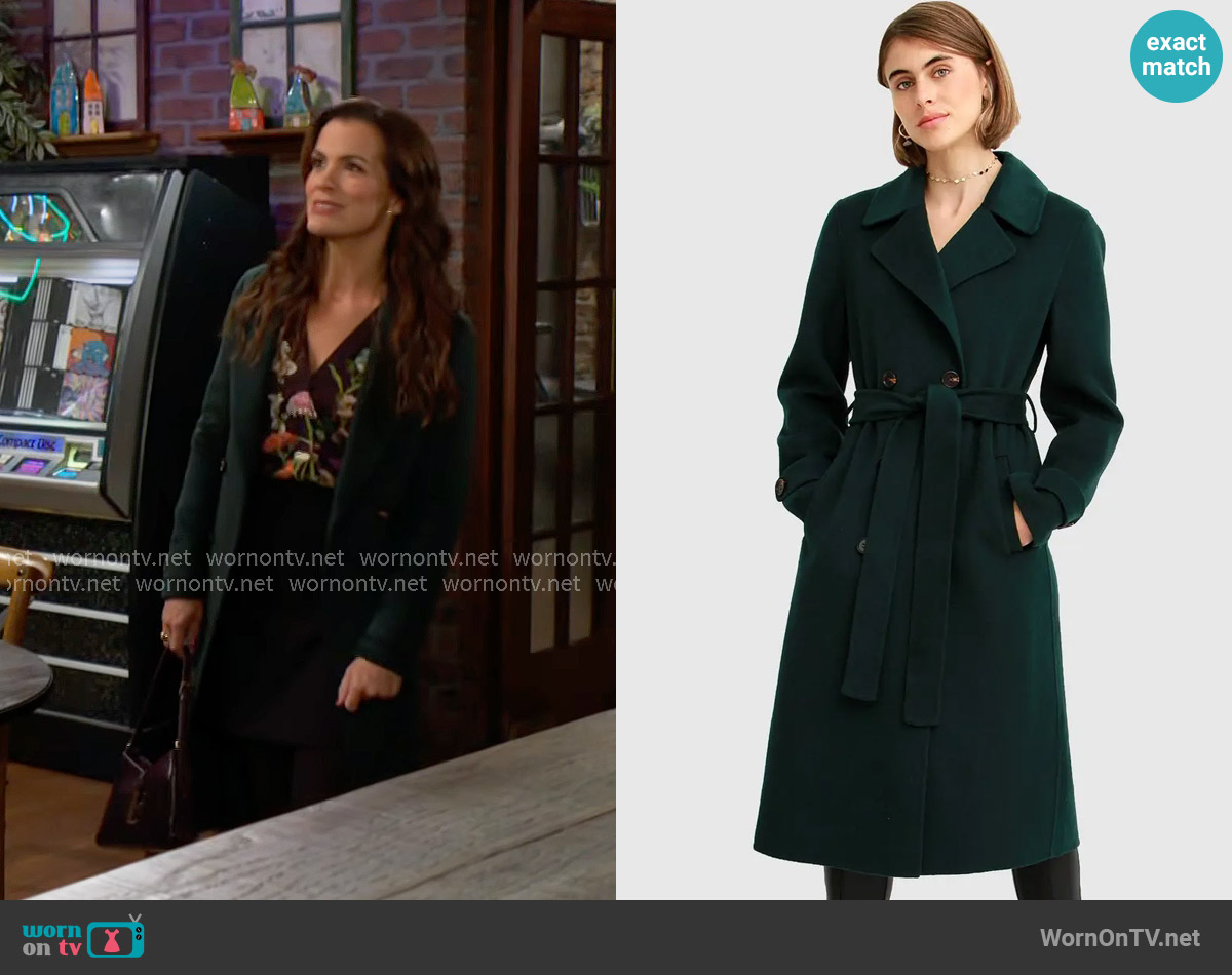 Belle & Bloom Front Runner Belted Coat in Dark Green worn by Chelsea Lawson (Melissa Claire Egan) on The Young and the Restless