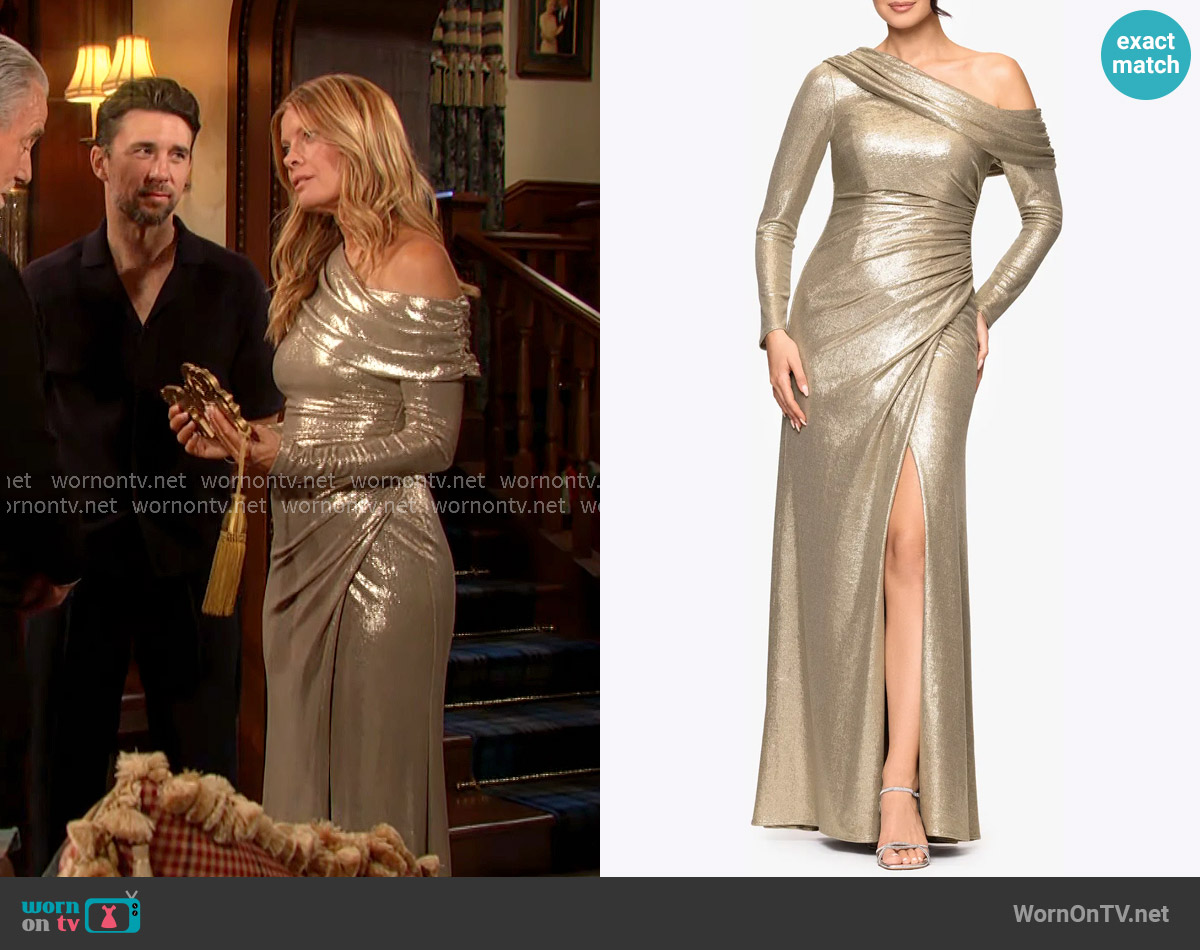 Betsy & Adam Metallic One-Shoulder Long Sleeve Gown worn by Phyllis Summers (Michelle Stafford) on The Young and the Restless