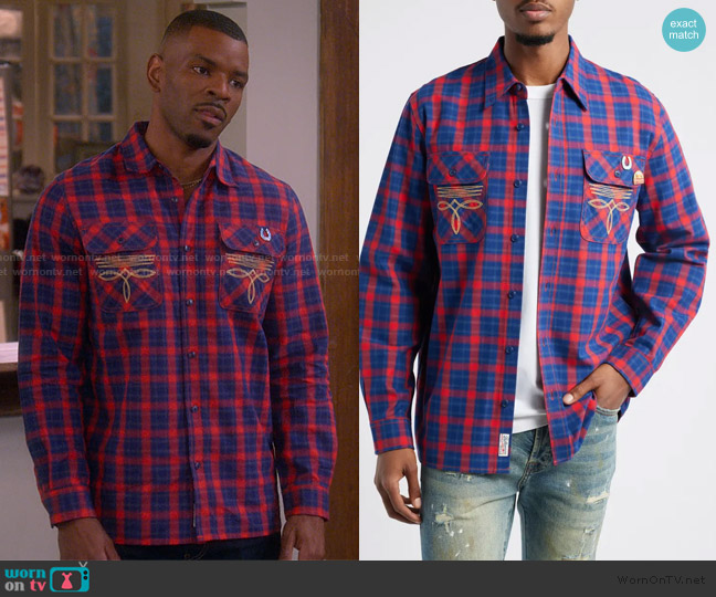 Billionaire Boys Club Dust Embroidered Plaid Flannel Button-Up Shirt worn by Bernard Upshaw Jr (Jermelle Simon-Jones) on The Upshaws