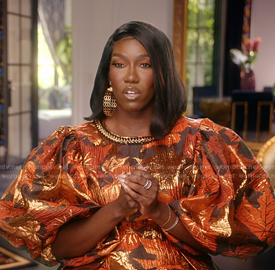 Bozoma’s metallic puff sleeve confessional dress on The Real Housewives of Beverly Hills