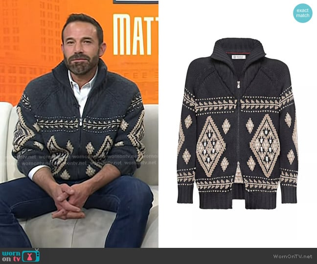 Brunello Cucinelli Cardigan in Cashmere Feather Yarn with Zipper - Anthracite worn by Ben Affleck on Today