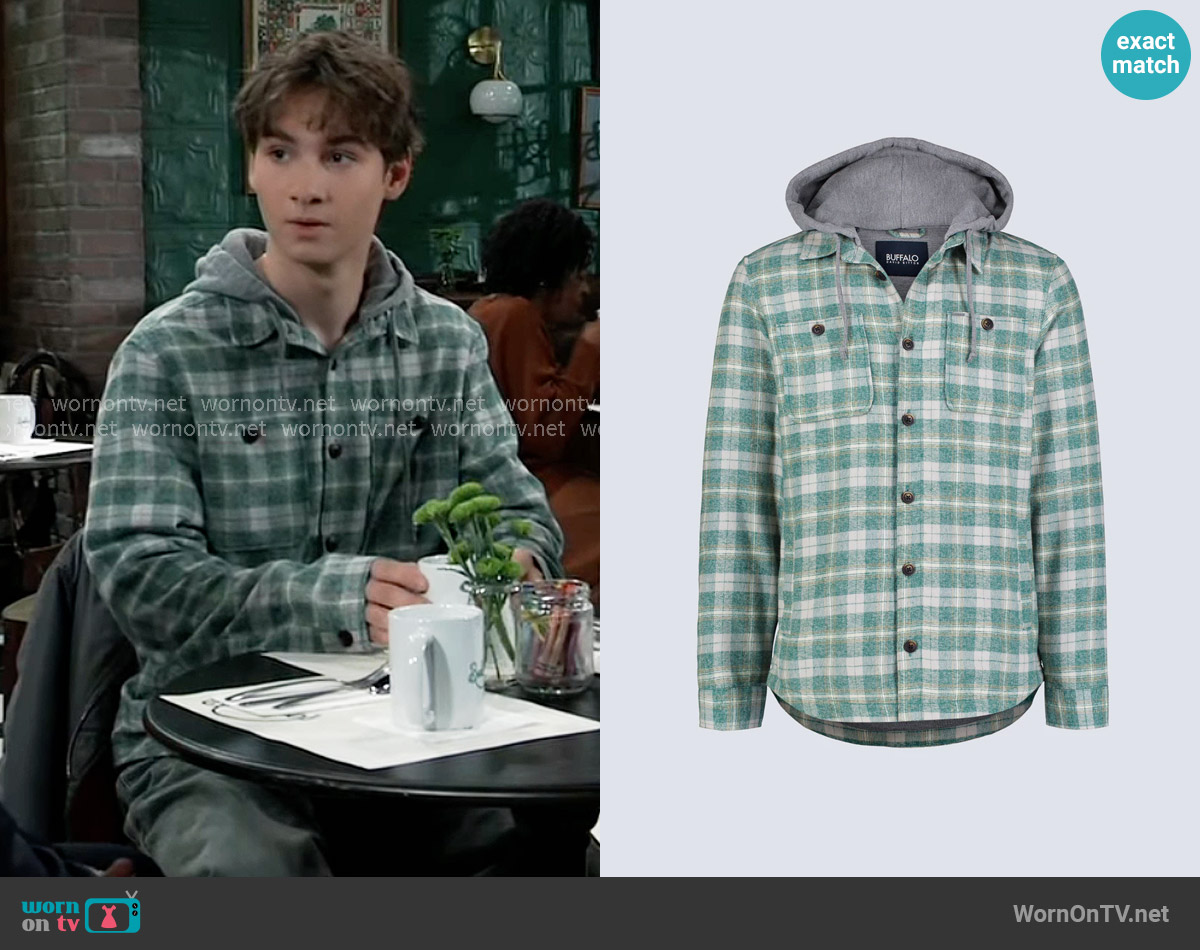 Buffalo by David Bitton Jakeim Plaid Hooded Shacket in Rain Forest worn by Rocco Falconeri (Rocco Falconeri) on General Hospital